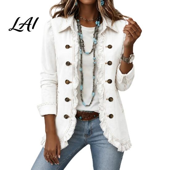 Floral Embellished Blazers Women Bohemia Jacket Open Front Ruffled Turndown Collar Coat Daily Wear Coats Slim Fit Casual Long Sleeve Outwear
