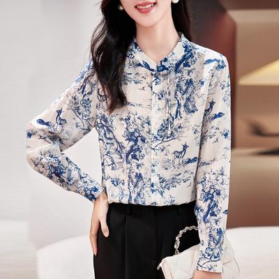Женская блузка из двойного крепа с принтом, с длинными рукавами, новый темперамент, трендовая, из шелка тутового дерева, ретро топ на пуговицах
