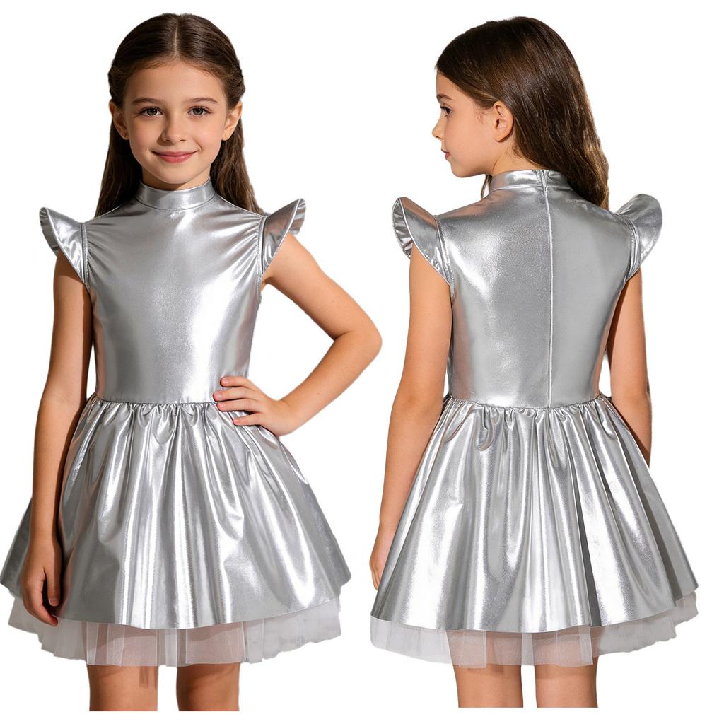 Переливающееся инопланетное платье-пачка для девочек, Блестящий костюм с воротником-стойкой, летящими рукавами и молнией на спине, Для сценических выступлений и вечеринок