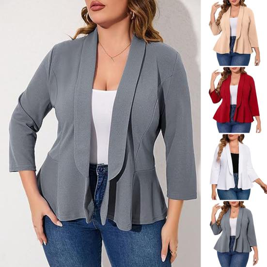 Plus Size Women Suit Coat Lapel Long Sleeve Ruffle Hem Open Front Suit Jacket Solid Color Versatile Business Outerwear
