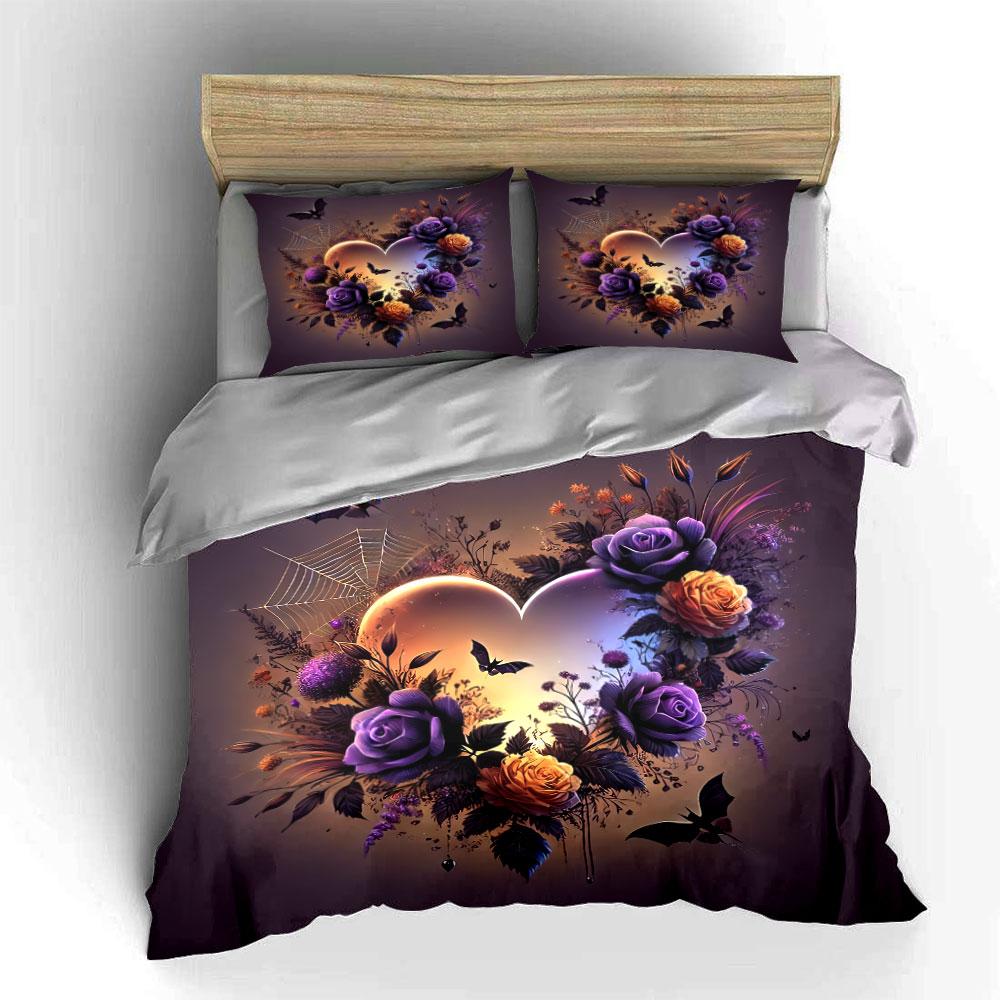 Floral Gothic Halloween Decor Set Bedding Set with 1 Duvet Cover 2 Pillowcases Single Double King Queen, Gift