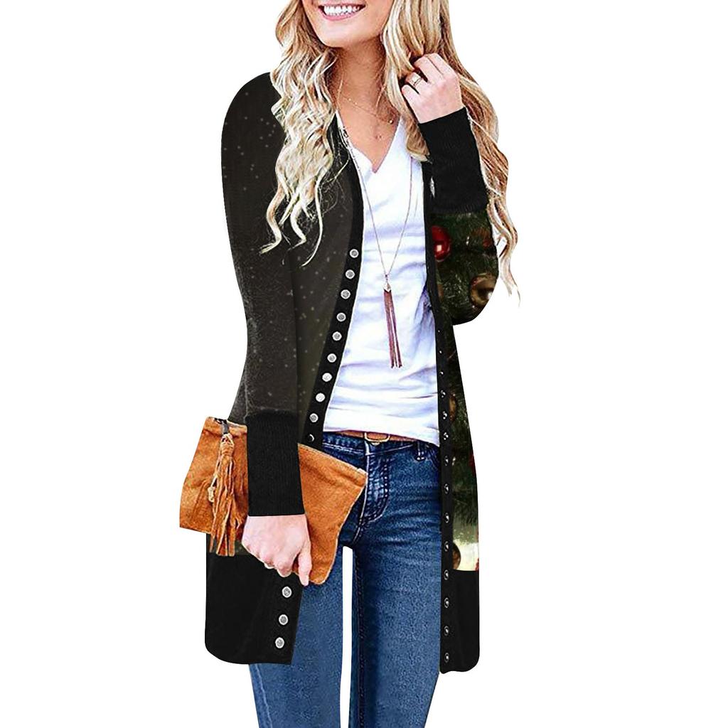 Женский повседневный кардиган с длинными рукавами и постепенным рождественским принтом, легкая куртка