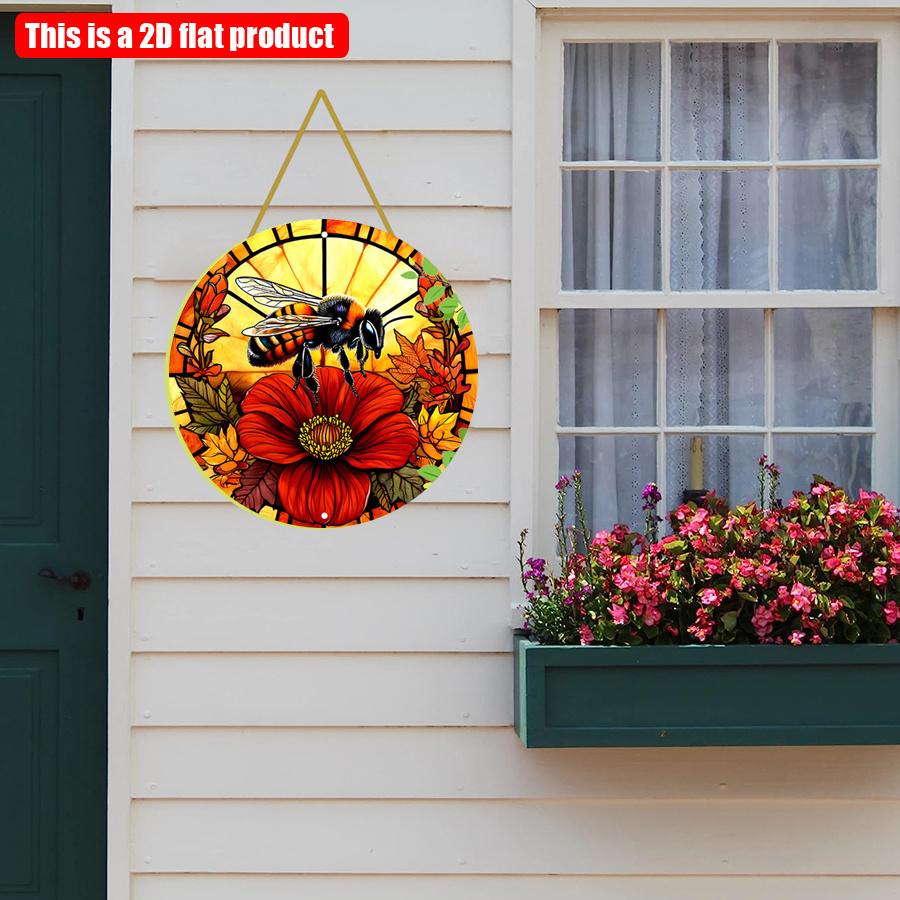 2D плоский 20*20 см 1 шт желтый пчела красный яркий цветочный узор уникальный круглый подвесной орнамент окна, ретро-художественный кулон для домашнего сада и наружного декора