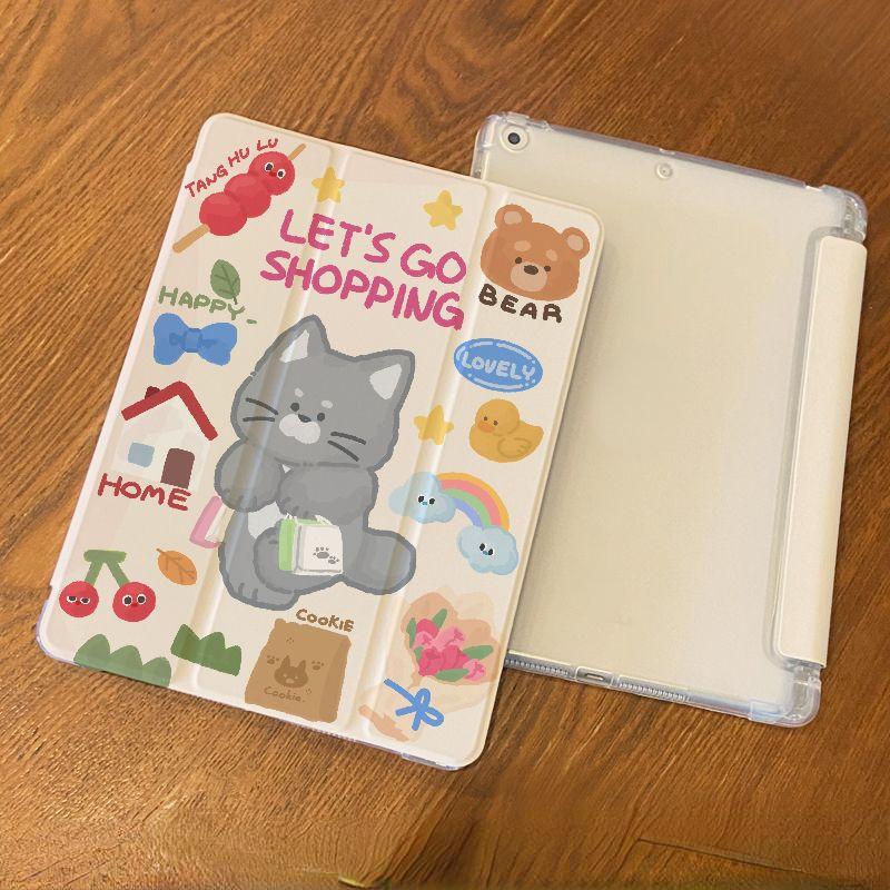 Cartoon Cute Small Animal Action Pattern iPad Tri-fold Model Flip Case for iPad Pro2024 11 13 Pro12.9 2022 2018 Pro11 Air5/4 with Pencil Holder