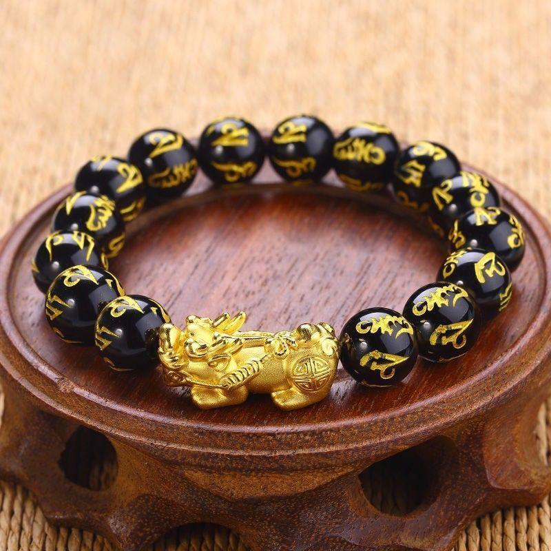 Pixiu bracelet for men with six-character mantra, black agate imitation gold bracelet, fortune-bringing jewelry, birthday gift for boyfriend