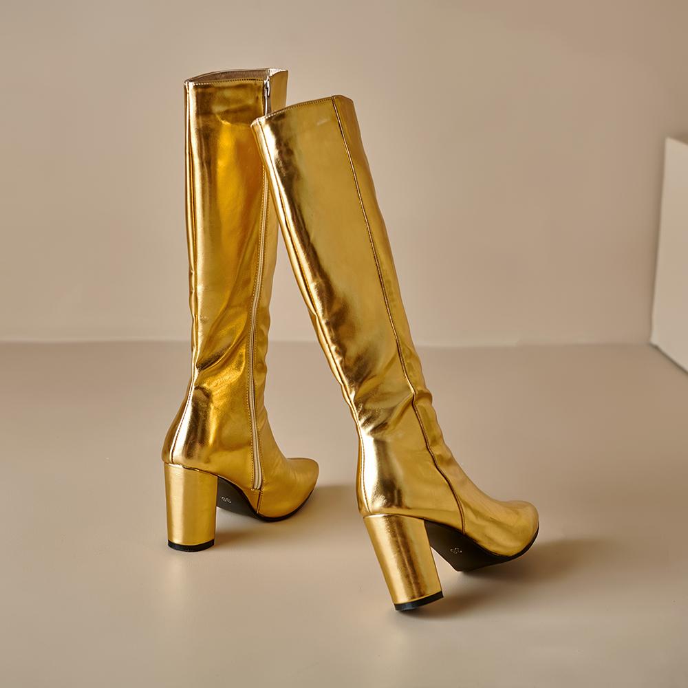 Золотые серебряные женские сапоги до колена на высоком каблуке, маленькие большие размеры 32 46
