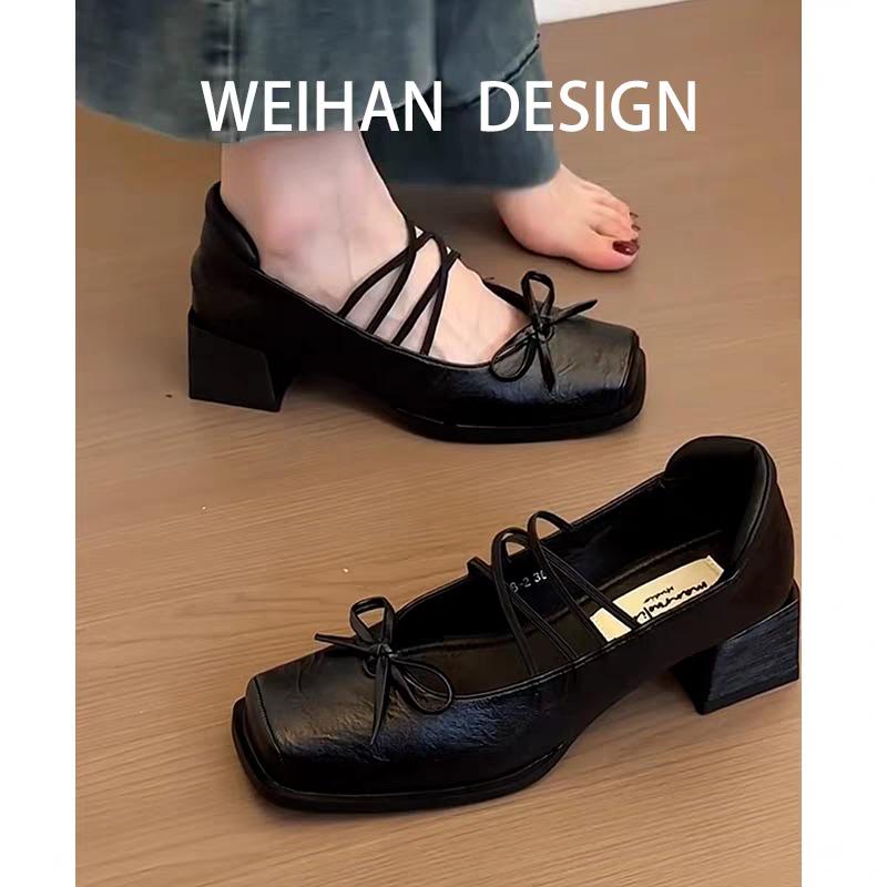 Мода 2025 Красивый бант Тонкий ремешок Туфли Мэри Джейн Женские Туфли с квадратным носком и квадратным каблуком
