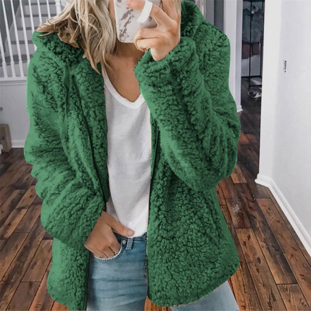 Женская мода сплошной цвет куртка с длинным рукавом на молнии с капюшоном плюшевое пальто