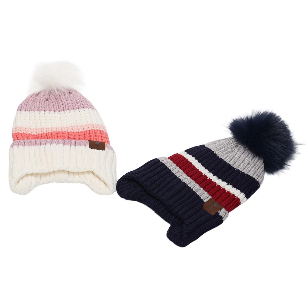 New men's and women's striped knitted hats, winter warm and plush children's hairball wool hats, ear protectors