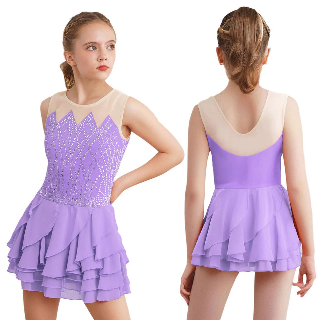 Kids Girls Rhythm Gymnastics Ballet Skirted Leotards Dresses Shiny Rhinestones Figure Skating Lyrical Dance Performance Costume