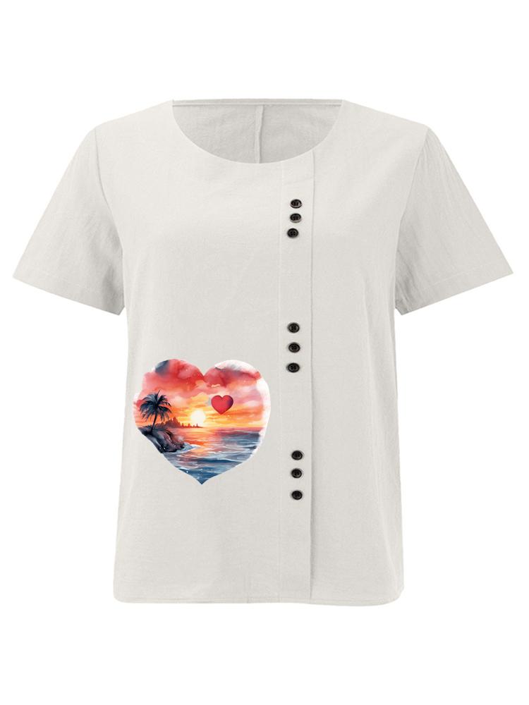Women's Fashion Heart-shaped Scenery Print Round Neck Short Sleeve T-shirt Casual Cotton Linen Graphic Shirt Leisure Loose Summer Blouse Tops