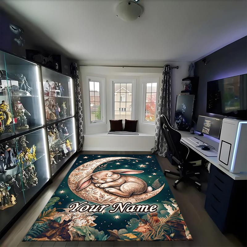 1PC Custom Name Moonlit Dreams Bunny Theme Floor Mat Ideal for Living Room, Game Rooms, Office, Bedroom,Floor Mat Playful Design