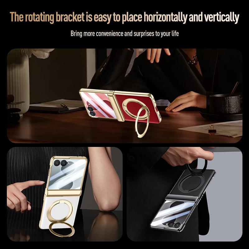 For Samsung Galaxy Z Flip8 5G Luxury PU Leather 360 Swivel Bracket Magnetic Tempered Glass Front Membrane For Magsafe Phone Case