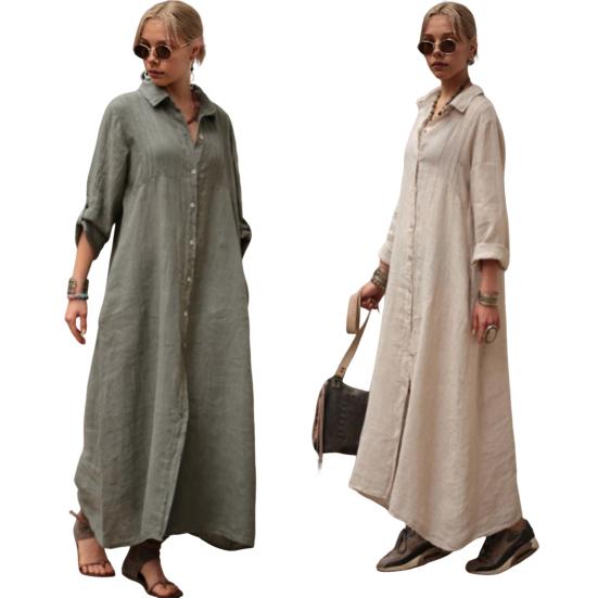 Летнее платье-макси с воротником и длинными рукавами. Кардиган OL. Однобортный однобортный свободный цвет. Повседневная одежда с отложным воротником.