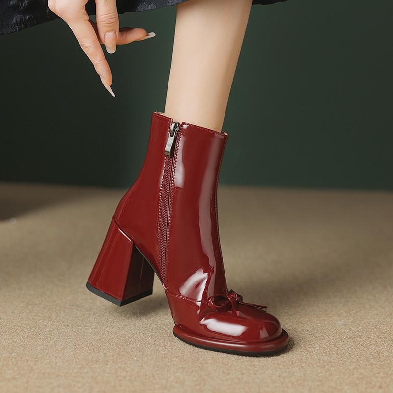 Элегантные Женские Ботильоны на Высоком Каблуке Бант Милые Туфли Зимний Новый Тренд Массивные ПУ Кожаные Для Вечеринки Снежные Ботинки