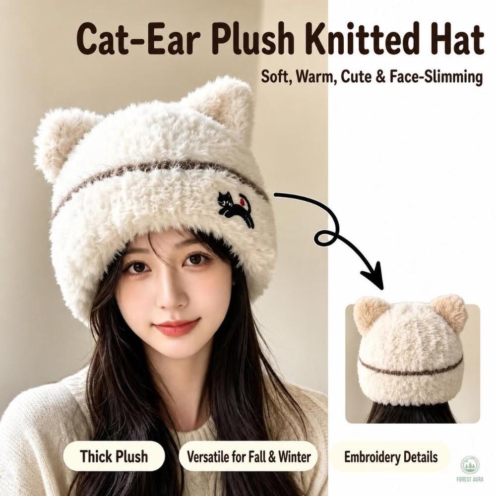 Cold Proof Plush Knit Hat Warm Cat Ear Hat Soft Fall Winter Skull Cap For Women