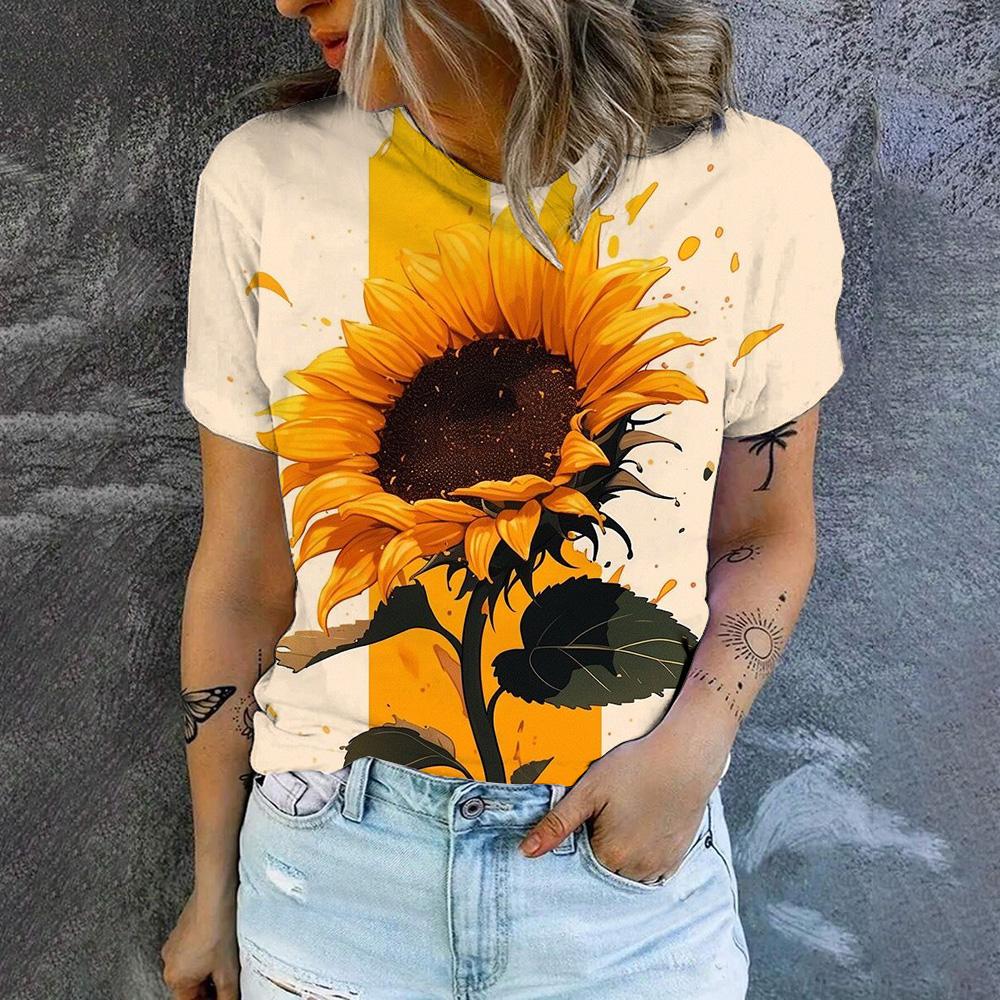 2024 Women's Summer Women's T-Shirt Retro Sunflower Pattern Print T-Shirt Fashion Popular Women's Leisure Short Sleeve T-Shirt