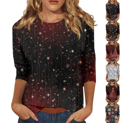 Женские топы Рубашка с рукавом три четверти V-образный вырез Свободная повседневная рубашка Футболка с принтом