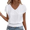 Women Tops V-Neck Short Sleeve Jacquard Decoration Pullover Tops Solid Color Loose Fit Elastic