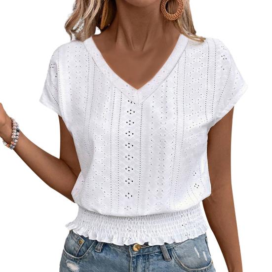 Women Tops V-Neck Short Sleeve Jacquard Decoration Pullover Tops Solid Color Loose Fit Elastic