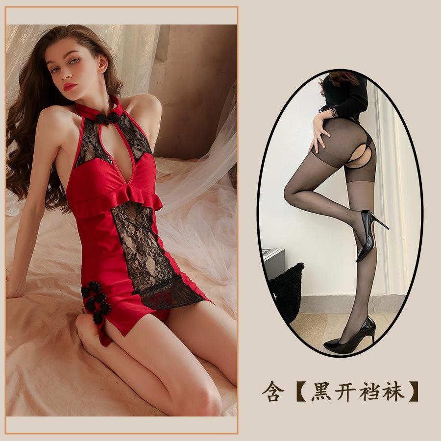 Сексуальное нижнее белье Сексуальное кружево Соблазнение Глубокое V Винтажный Ципао Пижама Горячая униформа Соблазнение Комплект Полый