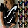 Women Short Sleeves V-Neck Tops Fashion Abstract Portrait Paint Painting T-Shirt Summer Casual Plus Size T-Shirt