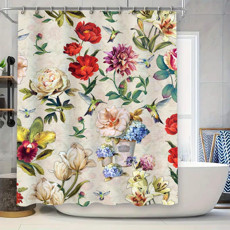 Vintage Floral Shower Curtain with Hummingbirds Watercolor Print Bathroom Decor for Home Decoration