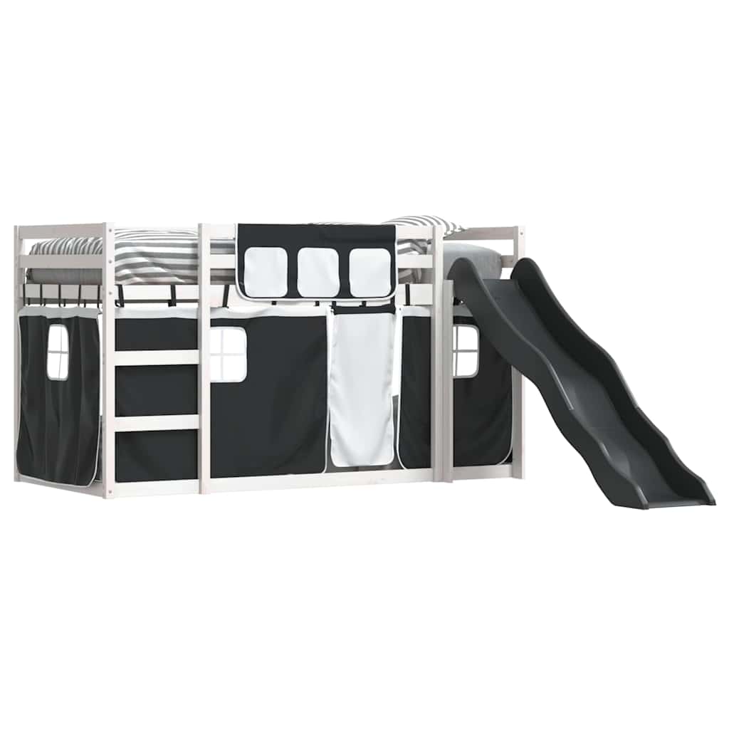 Bunk Bed with Slide and Curtains White and Black 90x200 cm