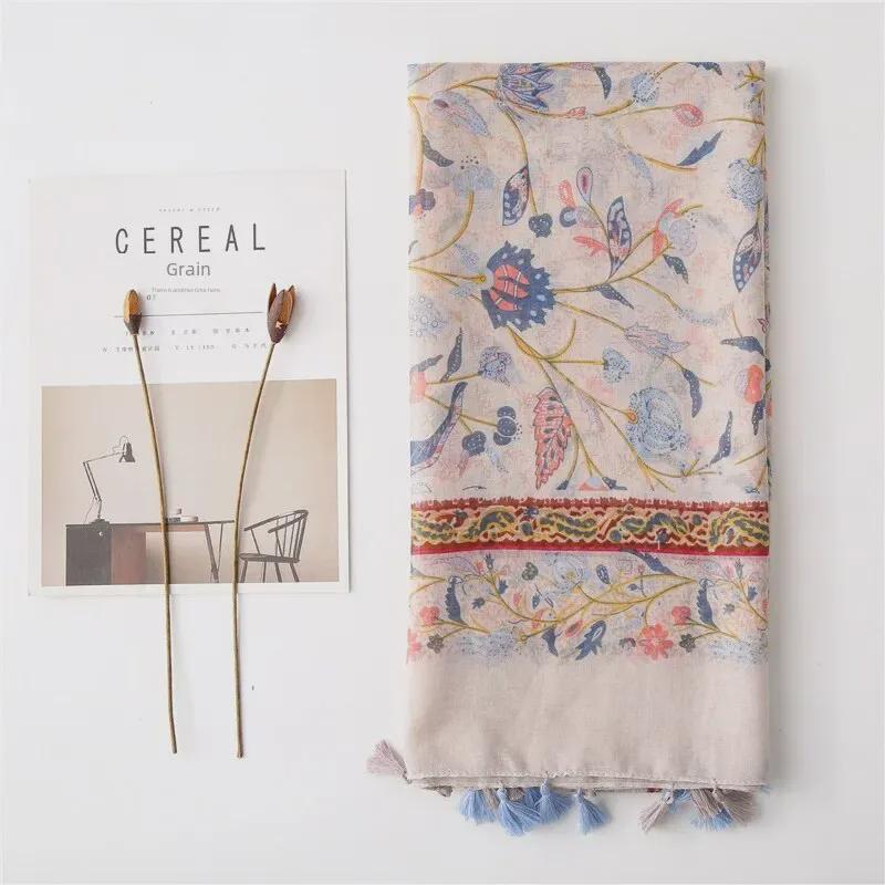 Новый бежевый цветочный шарф и солнцезащитная шаль из хлопка и льна для женщин — идеальный вариант для летнего отдыха на море и пляжа