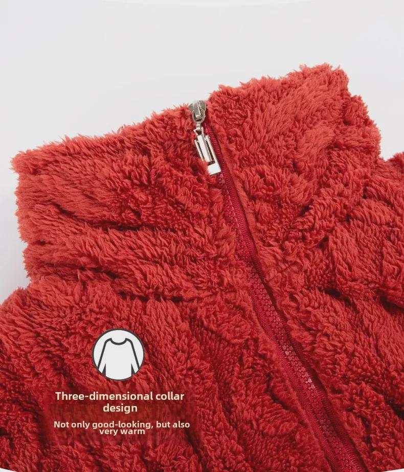 Красная праздничная зимняя свадебная пижама для пары с застежкой-молнией - Длинные волосы, коралловый флис