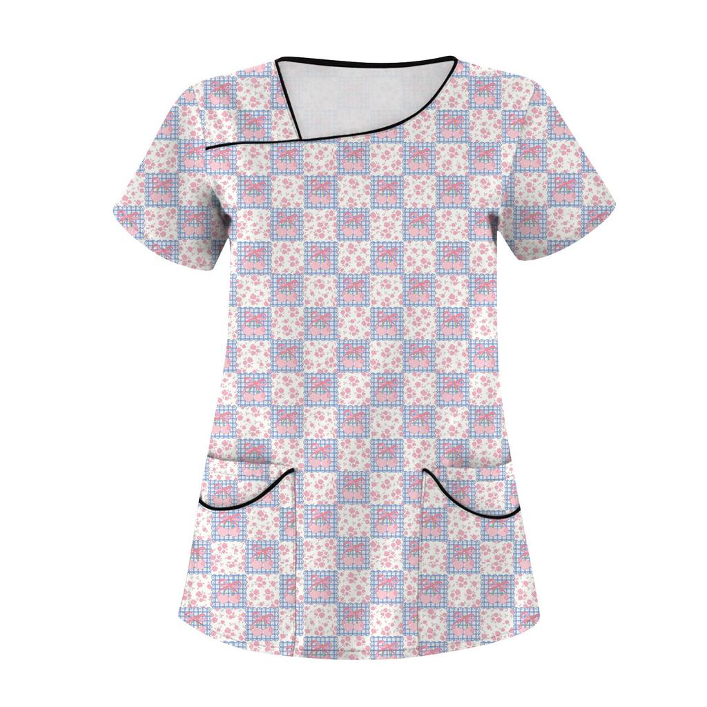 Женская мода с бантом и принтом, короткий рукав, рабочая одежда с двойными карманами