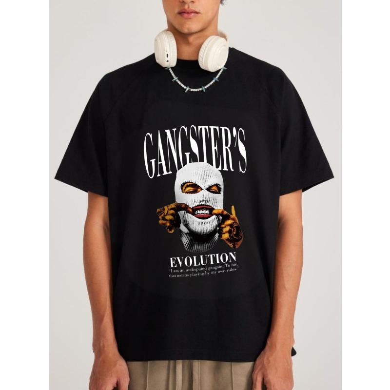 Футболка Gangster Evolution Черная Графический дизайн с гангстерской маской и текстом Уличная одежда Городской стиль моды для мужчин Повседневные наряды