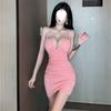 HotGirl's Nightclub Party Sexy Pure Lust Style Low-neck Pleated Waist Suspender Slim Fit Hip-hugging Dress Women