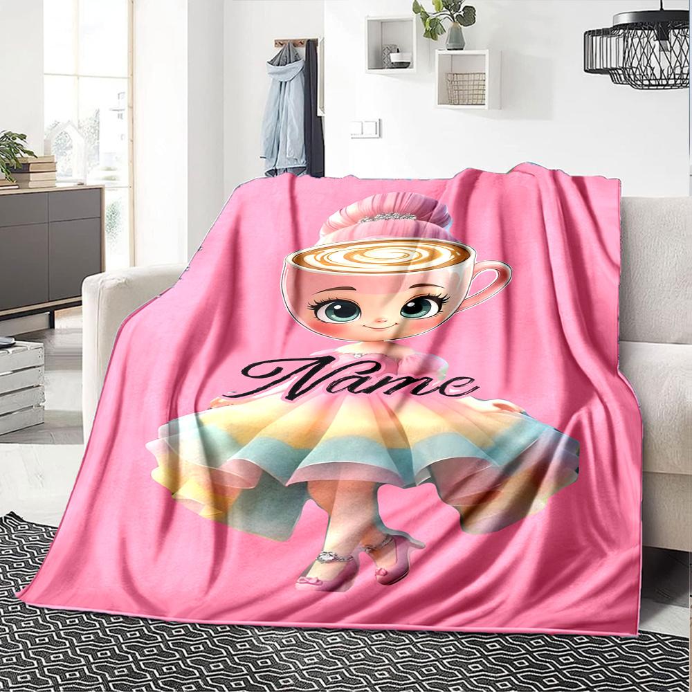 Cute Ballerina In Pastel Dress With Coffee Cup Gift Personalized Blanket Personalized Text Warmthful Decor For Sofa Couch Office Bed Picnics Ideal For
