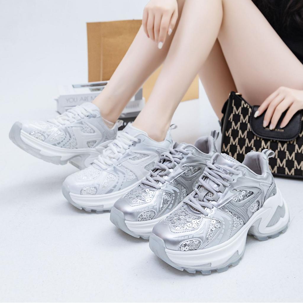 Starry Night Flight 2025 Spring New Casual Shoes Women's Thick-soled Heightening Breathable Mesh Sequins Silver Daddy Shoes Women