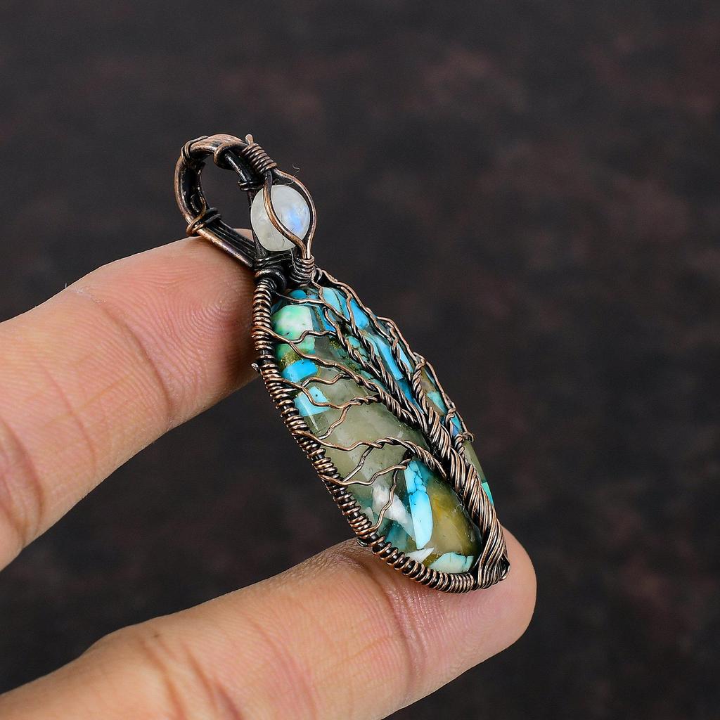 Дерево жизни Медный голубой бирюзовый кулон Медная проволока обернутый кулон Драгоценный камень ювелирные изделия Лунный камень кулон для подарка Медные украшения ручной работы