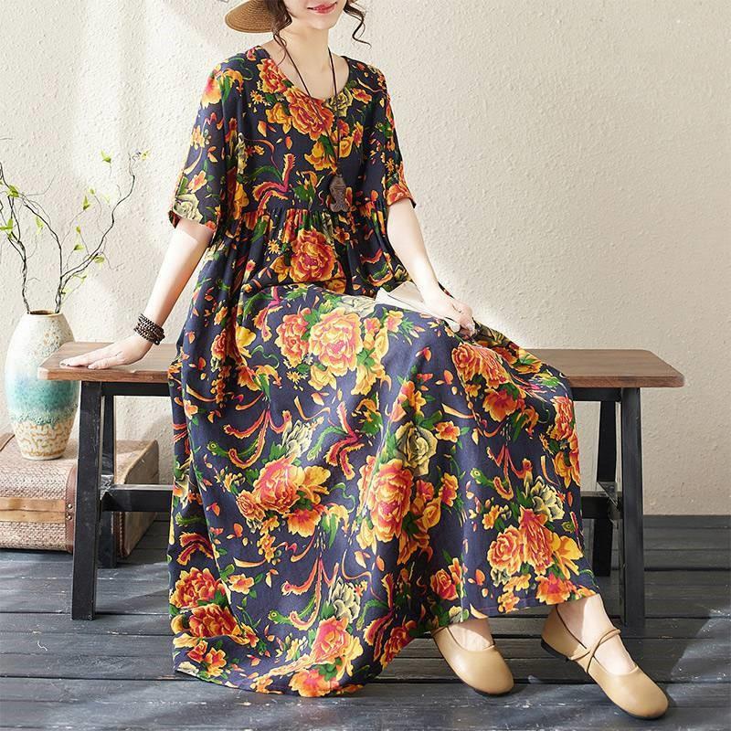 Johnature Женское весеннее винтажное свободное платье в стиле ретро с нишевым принтом и круглым вырезом с короткими рукавами, повседневное платье