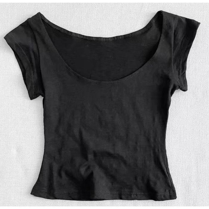 Розовая футболка из бамбукового хлопка с U-образным вырезом, облегающего кроя, с короткими рукавами для женщин - Летний корейский стиль