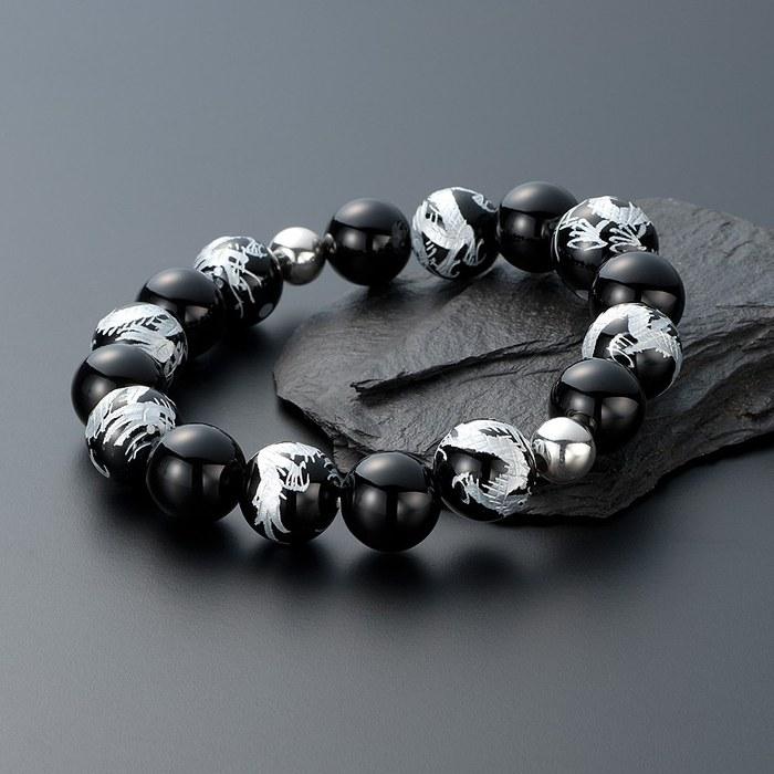 [Butsudan-ya Takida Shoten] Special Wrist Mala Bracelet Natural Stone Bracelet Black Onyx Dragon Carving 12mm Beads 2-Heaven Silver Prayer