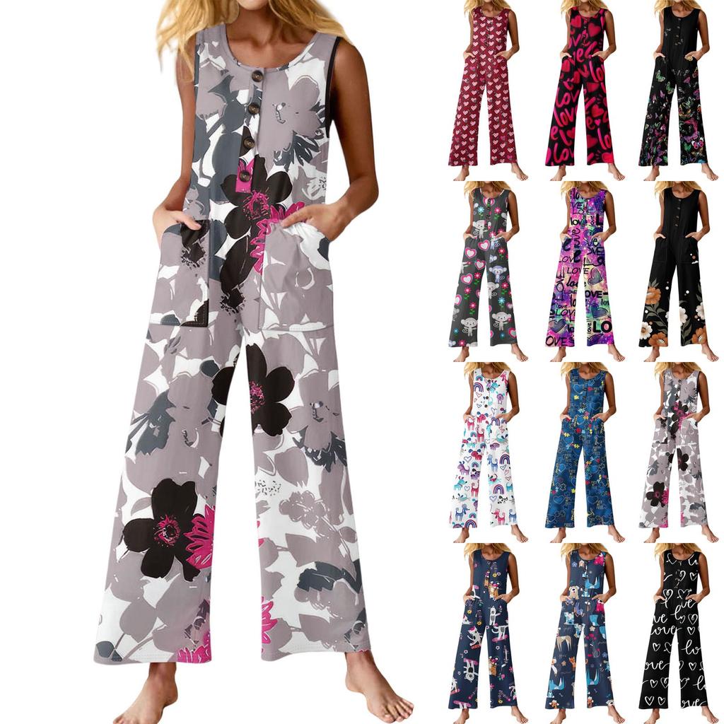Women's Fashion Casual Button Sleeveless Jumpsuit Floral Flower Print Cotton Pocket Jumpsuit