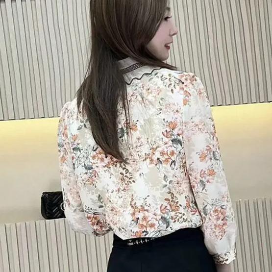 WTEMPO Spring Summer Floral Printed Chiffon Shirts Women's Three Quarter Sleeve Casual Loose Elegant Blouses