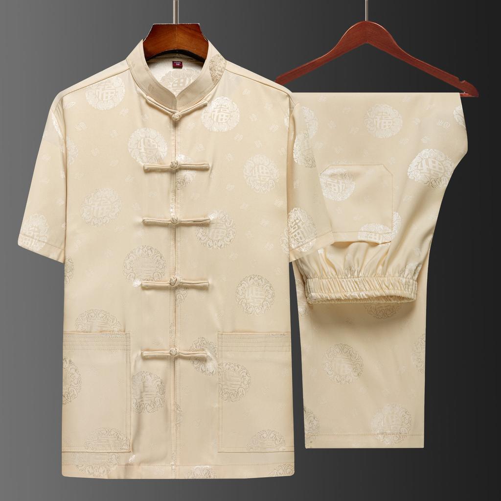 Костюм Тан мужской с коротким рукавом в китайском стиле, костюм для отца, летний костюм, костюм китайского дедушки, мужской