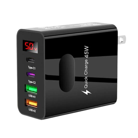 Зарядный адаптер для телефона Type-C USB 4 порта Быстрая зарядка 45 Вт Высокая мощность с цифровым дисплеем Зарядная головка с вилкой US для iPhone для Huawei