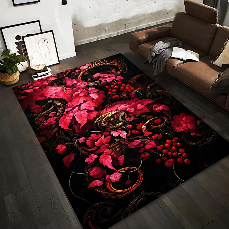 Floral Design Carpet with Pink Leaves and Berries on Black Background Suitable for use as an anti-slip for living room bedroom sofas