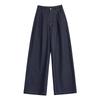 FAESSLIN Dark Blue Faux Denim Wool Wide-Leg Casual Pants