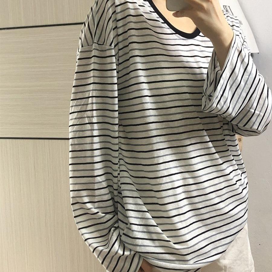 Spring and Autumn New Yarn Snowflake Stripe Korean Slack Lazy Stripe Sunscreen T-Shirt Women's Long Sleeve Air Conditioning Blouse