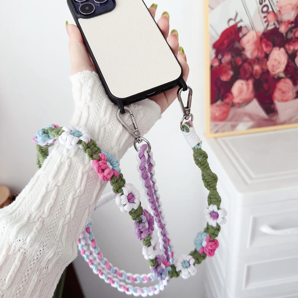 Braided Flower Phone Lanyard Cotton Rope Adjustable Crossbody Strap,Length: 120cm