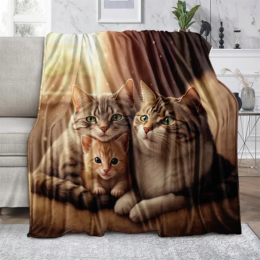 Charming Family of Cats Design Soft Microfiber Throw Blanket – Cozy for Bed, Sofa, Camping, Picnic & Winter Warmth