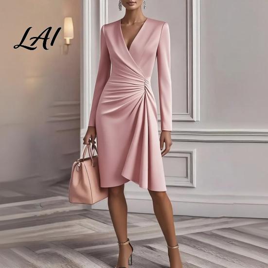 Formal Evening Dress for Dinner Solid Color Gown Dress Slim Fit Hip-Hugging Pleated Long Slimming Clubwear Sleeve V-Neck Midi Cocktail Party