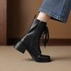 Krazing Pot Cow Skin Round Toe Thick Heels Motorcycle Boots Size 42 Lace Up Women Keep Warm Mid-calf Boots